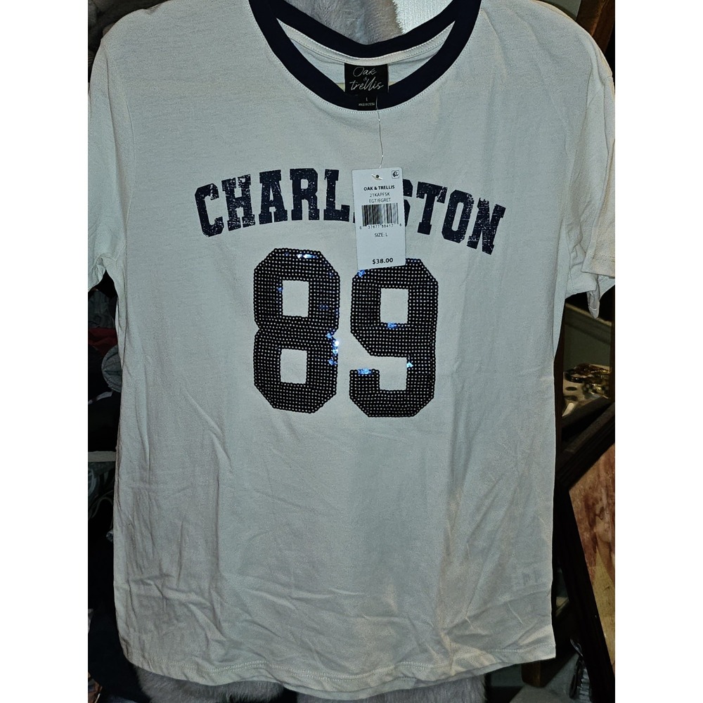 Ladies Charleston Tshirt. NWT. White W Blue Sequins. Blue Trim Around Neck And